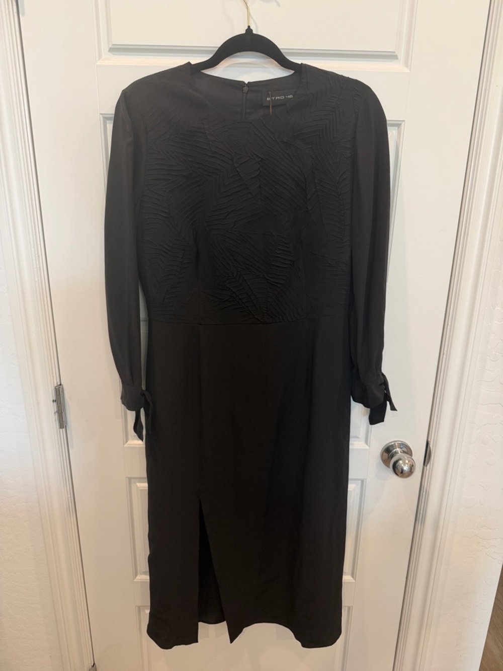 Etro 46 Black Long-Sleeve Midi Dress with Textured Bodice